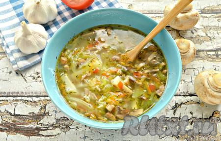 Щи с шампиньонами и свежей капустой