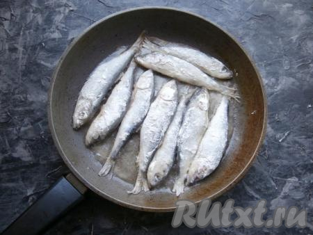 Разогреть в сковороде растительное масло и выложить подготовленную салаку.