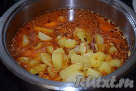 Обжаренный картофель перекладываем в кастрюлю к индейке с овощами. Пробуем подливку, если нужно, подсаливаем её по вкусу.