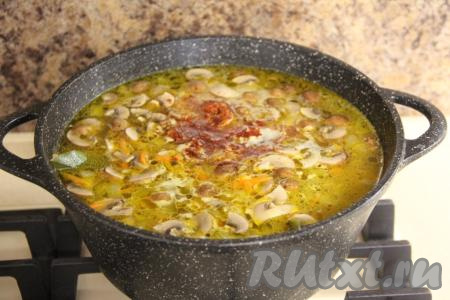 В конце варки всыпать соль и специи по вкусу, перемешать, проварить 2-3 минуты и выключить огонь. Оставить рассольник минут на 20 настояться под крышкой. 
