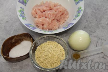 Подготовить продукты для приготовления пшённой каши с фаршем. Лук почистить и мелко нарезать. Для этого блюда можно взять любой мясной фарш, у меня - куриный.