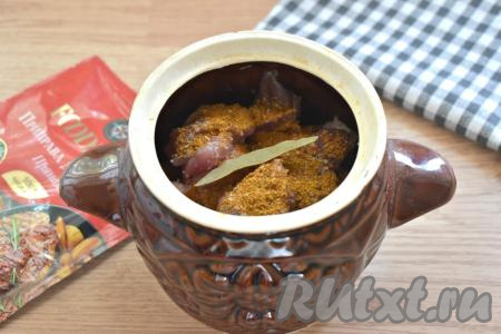 Мясо сверху посыпаем 0,5 чайной ложки приправы для мяса, 2 щепотками соли (или по вкусу), добавляем половину лаврового листа.   