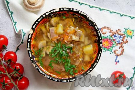 Теперь можно разливать гречневый суп с грибами и курицей по тарелкам и наслаждаться этим вкусным, ароматным и насыщенным первым блюдом. Я при подаче дополнила суп нарезанной свежей зеленью.