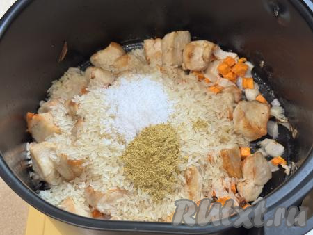 Всыпать рис в чашу, добавить соль и специи по вкусу. 