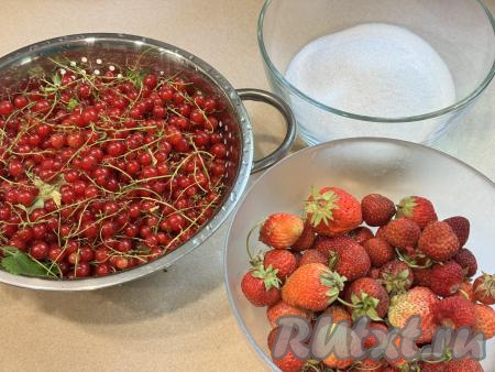 Подготовить продукты для приготовления компота из клубники и красной смородины на зиму. 