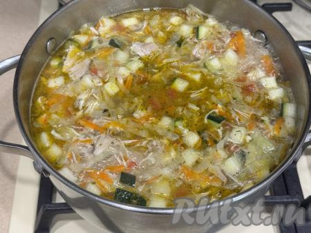 Всыпать соль и специи по вкусу, перемешать, довести щи с кабачками и капустой до кипения, уменьшить огонь, варить 10 минут (до мягкости капусты, картошки и кабачков, если по прошествии 10 минут они будут твердоваты, тогда увеличьте время приготовления ещё минут на 5). 