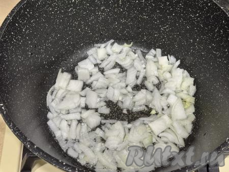 В кастрюлю с толстым дном влить немного растительного масла, разогреть, выложить мелко нарезанный лук.  Если не хотите обжаривать в кастрюле, можете обжарить лук, а в дальнейшем и грибы, на сковороде, а затем уже варить грибной суп в кастрюле.