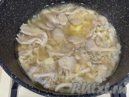 Дать воде закипеть, уменьшить огонь, варить грибной суп из вешенок 20 минут. 