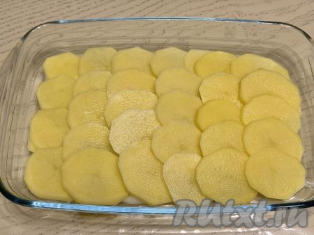 Картошку нарезать на тонкие кружочки (я нарезала на кружочки толщиной 5 миллиметров). В жаропрочную форму поверх лука выложить в один слой внахлёст половину нарезанного картофеля.