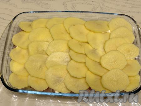 Выложить поверх куриного мяса оставшиеся кружочки картошки в один слой внахлёст. 