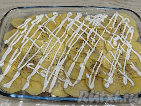 Посолить и поперчить слой картошки, нанести решётку из майонеза. 