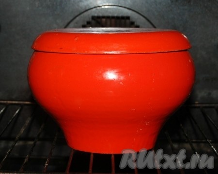 Закрыть горшочек крышкой и отправить в заранее нагретую до 200 градусов духовку на 1 час.
