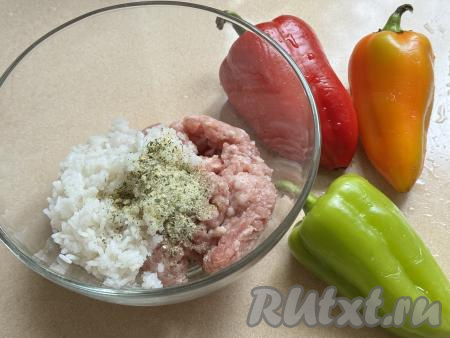 В миске соединить мясной фарш, остывший рис, добавить соль и любые специи по вкусу (в качестве специй, например, подойдёт чёрный молотый перец, я использовала соль, уже смешанную со специями). 