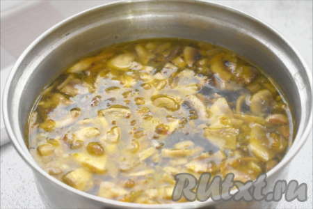 После того как картошка с момента закипания проварится 15 минут (станет достаточно мягкой), в кастрюлю перекладываем со сковороды жареные шампиньоны, морковку и лук, даём грибному супу закипеть, уменьшаем огонь, варим 5 минут.