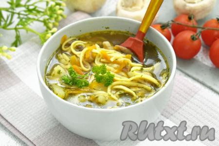 Вкусный, насыщенный, ароматный грибной суп, сваренный из шампиньонов с лапшой, разливаем по тарелкам и горячим подаём к столу.