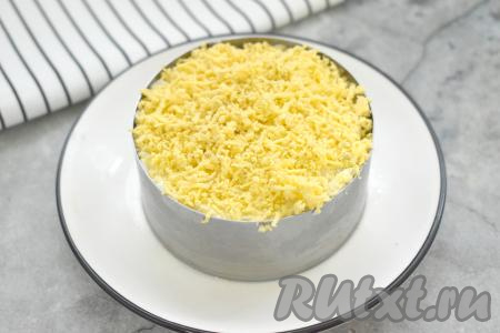 Завершающим слоем нашего салата с грибами будут яичные желтки, натёртые мелкой тёрке, утрамбовывать их не нужно. Отправляем тарелки с салатом минут на 30-40 в холодильник, чтобы слои пропитались.