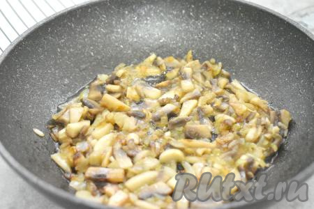 Разогреваем в сковороде растительное масло, выкладываем лук, обжариваем его на среднем огне до мягкости (в течение 3-4 минут), иногда помешивая. К обжаренному луку добавляем нарезанные шампиньоны, перемешиваем. Обжариваем грибы с луком минут 7 (до испарения влаги из шампиньонов). Затем убираем жареные грибы с луком с огня, даём остыть.