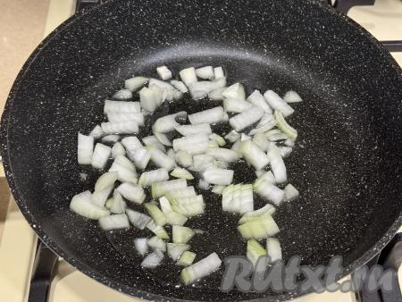 Для этого блюда можно взять мясо, срезанное с любых частей курицы (я использовала куриное филе, но подойдёт и, например, филе куриных бёдер). Мясо промыть водой, обсушить. В сковороду влить растительное масло, разогреть, выложить очищенный и мелко нарезанный лук.