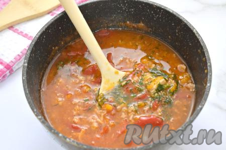 Даём томатной подливке закипеть, уменьшаем огонь, тушим гуляш из тушёнки 7-10 минут. В конце приготовления, по желанию, можно добавить мелко нарезанную зелень (у меня - укроп), перемешиваем, доводим до кипения и убираем с огня.