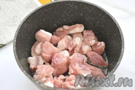 Свинину моем, обсушиваем, нарезаем на средние кусочки. В казане (или в глубокой сковороде) хорошо прогреваем растительное масло, выкладываем нарезанную свинину. Обжариваем мясо на достаточно сильном огне до появления на кусочках свинины приятного румянца со всех сторон (я жарила 8 минут).