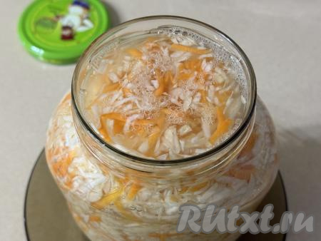 Поставить банку в глубокую миску, в которую в дальнейшем, в процессе брожения, будет выливаться из банки жидкость. Сверху банку накрыть марлей (или прикрыть крышкой), оставить на кухонном столе. Через сутки капуста начнёт выделять сок. С этого момента нужно протыкать капусту 3-4 раза в сутки деревянной палочкой, доходя до дна банки. Прокалывать нужно для того, чтобы из банки выходили газы, образующиеся в процессе брожения капусты, благодаря этому капуста, квашеная с имбирём, не будет горчить. 