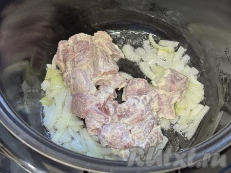 В чашу мультиварки влить растительное масло, выставить на 15 минут режим "Жарка". В чашу мультиварки выложить лук, нарезанный на четверть кольца. Обжарить его в течение 5-6 минут, иногда перемешивая и не закрывая крышку мультиварки. К обжаренному луку выложить кусочки свинины, замаринованные в майонезе, перемешать.