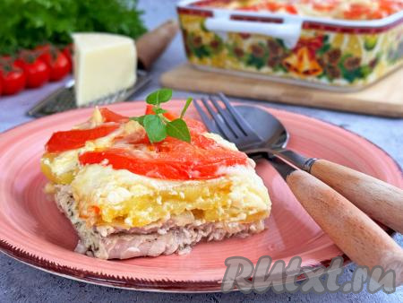 Мягкую картошку вместе с сочной индейкой, приготовленные по-французски в духовке, разложить по тарелкам и в горячем виде подать очень аппетитное, вкусное, нежное и сытное блюдо к столу.