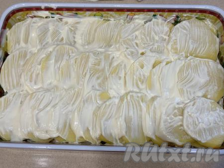 ​​​​​​​Слегка посолить картошку и смазать майонезом. 