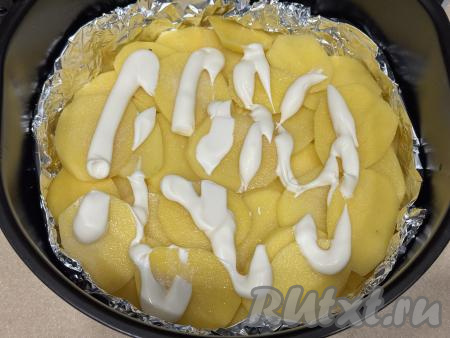 На слой картошки нанести сеточку из майонеза.