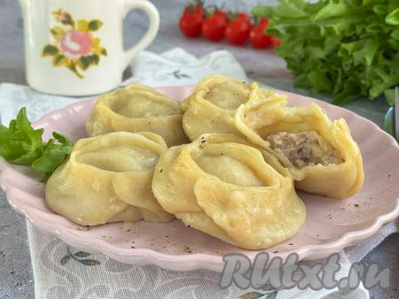 Готовые манты переложить с поддона на тарелку. Манты с начинкой из свинины и лука получились сочными, очень вкусными и аппетитными, к столу их нужно подавать горячими, дополнив любимым соусом (я подала их к столу со сметанным соусом).