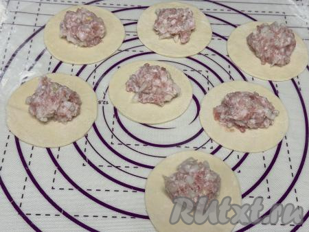 В центр каждого кружка из теста выложить 1 столовую ложку начинки.