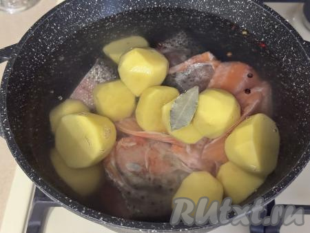 В кастрюлю выложить части форели, добавить картошку целиком (или разрезанную пополам), лавровый лист и горошины чёрного перца, влить 2 литра воды, поставить на сильный огонь.&nbsp;