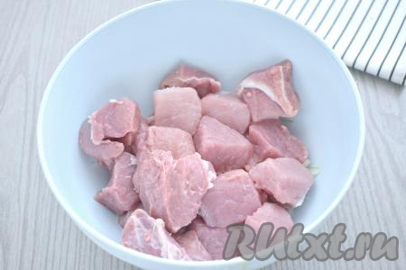 Мякоть свинины моем, обсушиваем, нарезаем на кубики с размером стороны примерно 3-3,5 сантиметра, выкладываем в миску с луком.
