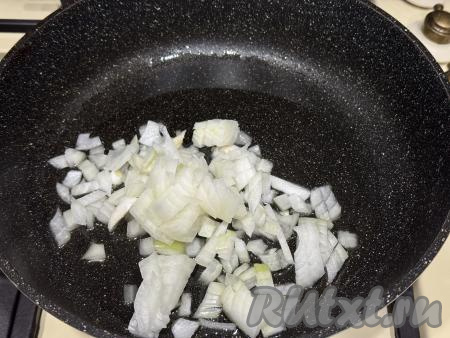 В сковороду влить растительное масло, хорошо его разогреть, после этого выложить мелко нарезанный лук, обжарить его на среднем огне до прозрачности (в течение 4-5 минут), периодически помешивая.&nbsp;