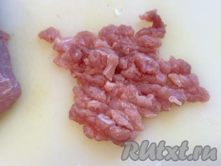 Мякоть свинины нарезать острым ножом на мелкие кусочки, затем можно ещё порубить нарезанное мясо ножом.
