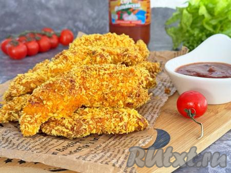 Куриные стрипсы, запечённые в аэрогриле, получаются&nbsp;очень аппетитными, вкусными, покрытыми снаружи хрустящей панировкой и нежнейшими внутри.