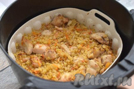 Включаем аэрогриль на 180 градусов, устанавливаем время 35 минут. В течение этого времени нужно будет 2-3 раза достать чашу из аэрогриля и перемешать булгур с курицей. Вода должна полностью выпариться, а булгур - стать мягким. Я готовила в аэрогриле мощностью 1400 Ватт, с одним ТЭН-ом. Поскольку аэрогрили у всех разные, с разной мощностью, то и время приготовления может чуть отличаться.