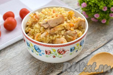 Мягкий, рассыпчатый булгур с нежными кусочками мяса курицы раскладываем из чаши аэрогриля по тарелкам и в горячем виде подаём насыщенное, вкусное, аппетитное блюдо к столу.