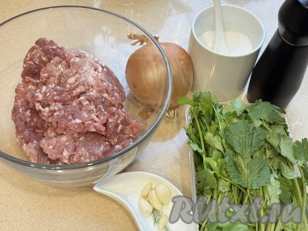 Подготовить продукты для приготовления люля-кебабов на электрогриле. Мясной фарш для приготовления люля-кебабов можно взять любой, лучше всего подойдёт фарш из свинины или говядины, а также смешанный фарш. Чеснок и лук очистить. Зелень промыть водой и обсушить.