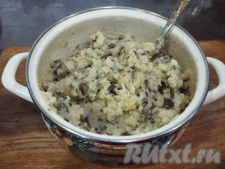 Выкладываем обжаренные грибы с луком в картофельное пюре, перемешиваем до однородности. Пробуем на соль и, если надо, досаливаем. Накрываем начинку из грибов и картошки крышкой и оставляем остывать.