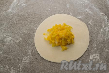 В середину раскатанной лепёшки выложить 1 столовую ложку остывшей начинки из тыквы и лука. Чтобы тесто в дальнейшем лучше скреплялось, можно края теста с помощью силиконовой кисточки немного смазать холодной водой.