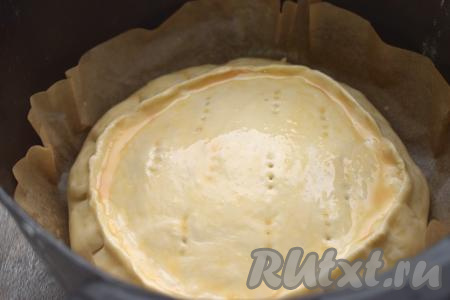 Аккуратно пергамент вместе с заготовкой пирога помещаем в чашу аэрогриля. В небольшой чашке сырое яйцо взбиваем силиконовой кисточкой до однородности. Сверху смазываем курник взбитым яйцом. Отправляем чашу с пирогом в аэрогриль. Включаем аэрогриль, выставив температуру 170 градусов, время - 25 минут.