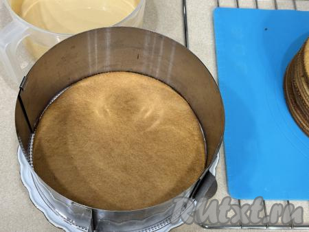 Теперь можно приступать к сборке карамельного медовика. Для этого на плоскую тарелку или плоскую основу выставить кулинарное кольцо. Выложить один корж, смазать его частью крема из сметаны и варёной сгущёнки, затем выложить следующий корж.