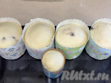Формы с тестом прикрыть полотенцем и оставить в тёплом месте на 35 минут.&nbsp;Тесто заполнит формы больше, чем на 3/4 объёма. Формы с тестом переставить на противень и отправить в духовку, разогретую до 180 градусов.