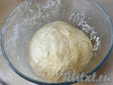 Ещё раз обмять тесто и оставить на второй подъём на 45 минут, опять прикрыв плёнкой (или полотенцем).