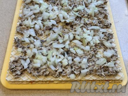 Поверх рыбы равномерно раложить половину маринованного лука, отжатого от маринада.