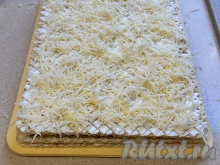 Поверх коржа, смазанного майонезом, нанести сыр, натёртый на крупной тёрке, нарисовать решётку из&nbsp;майонеза.