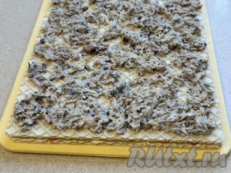 Накрыть вторым коржом и слегка прижать. Следующим слоем равномерно выложить половину рыбных консервов, распределяя их по всему коржу.