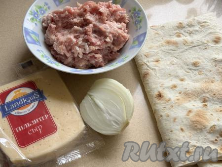 Подготовить продукты для приготовления рулета из лаваша с фаршем в аэрогриле. Мясной фарш можно приготовить в домашних условиях, пропустив кусочки любого мяса (у меня - свинина) через мясорубку. Можно использовать и покупной фарш. Лук очистить. Сыр можно взять твёрдых или полутвёрдых сортов.