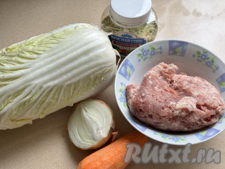 Подготовить продукты для приготовления пекинской капусты, тушёной с фаршем. Лук и морковь почистить. Пекинскую капусту промыть водой. Для получения фарша можно взять любое мясо (я использовала свинину, но подойдёт и говядина, курятина, индейка) и пропустить его через мясорубку. При желании можно взять и покупной мясной фарш.